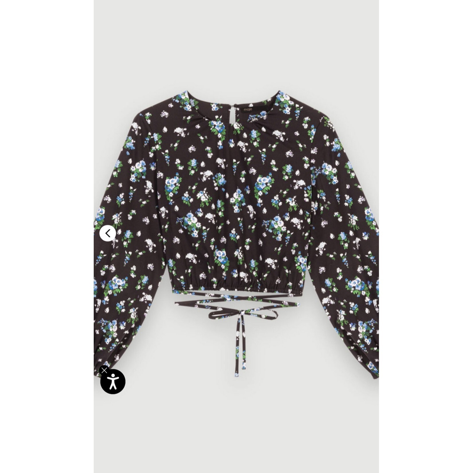 Maje Paris Floral Crop Blouse Tie Waist Puff Sleeve Black Blue Bouquet Nwt $265